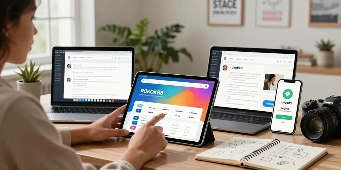Engaging user accessing ROKOK88 login on tablet in modern home office.