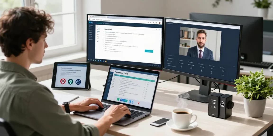 Dynamic cybersecurity workspace highlighting cybersmart compliance metrics on dual monitors, IT specialist focused on laptop.