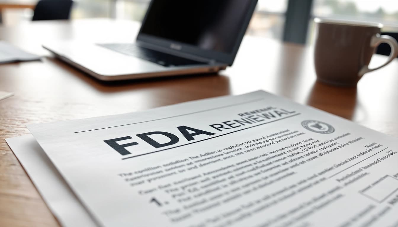 Rinnovo annuale fda usa con documenti ufficiali e laptop in ufficio.