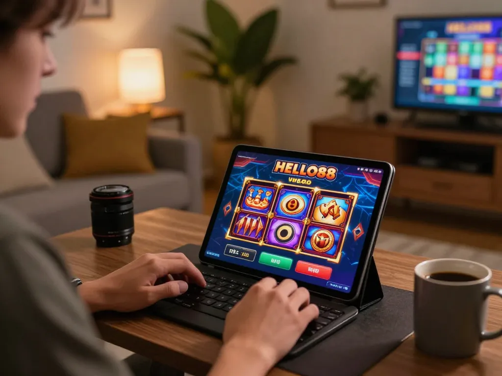 Player enjoying HELLO88 slot games on a tablet in a cozy home office setting.