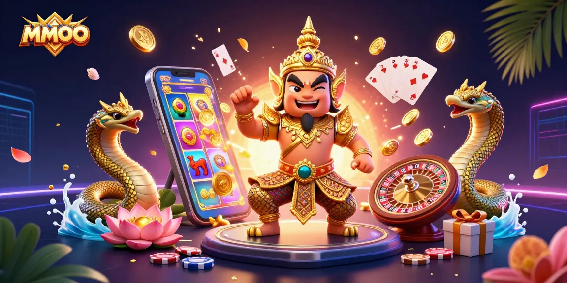 Experience winning slots at MMOO, featuring a vibrant 3D illustration of a Thai guardian, casino elements, and gaming excitement.
