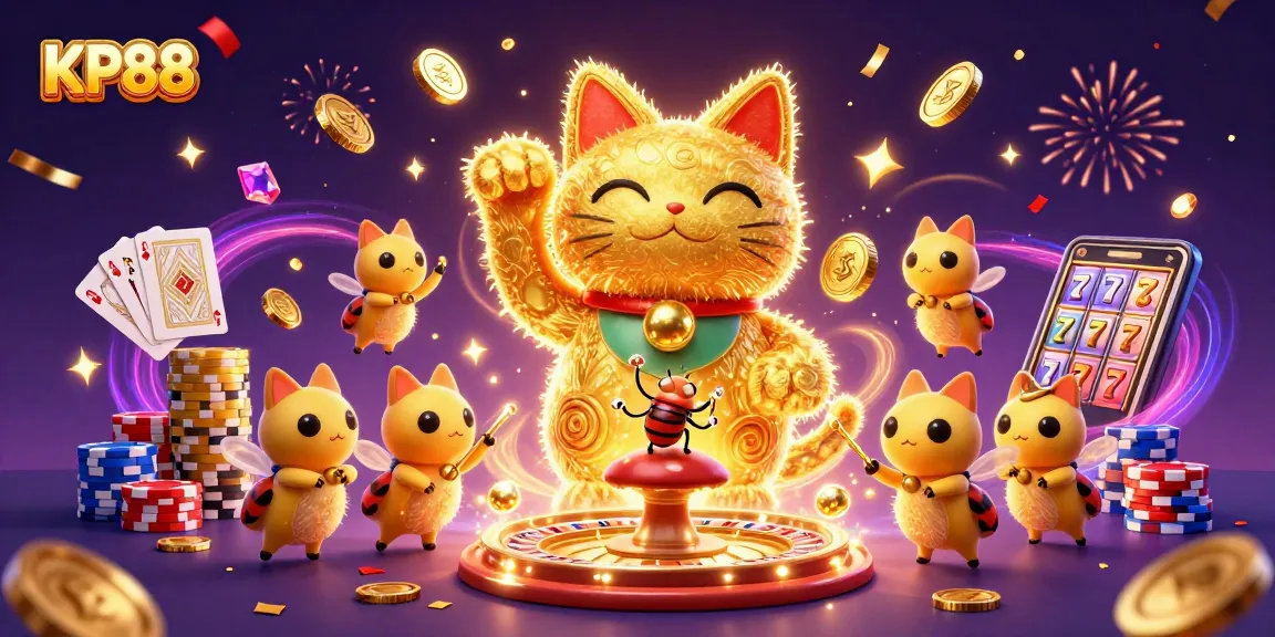 Experience the thrill of KP88 with a dynamic golden lucky cat and vibrant casino symbols.