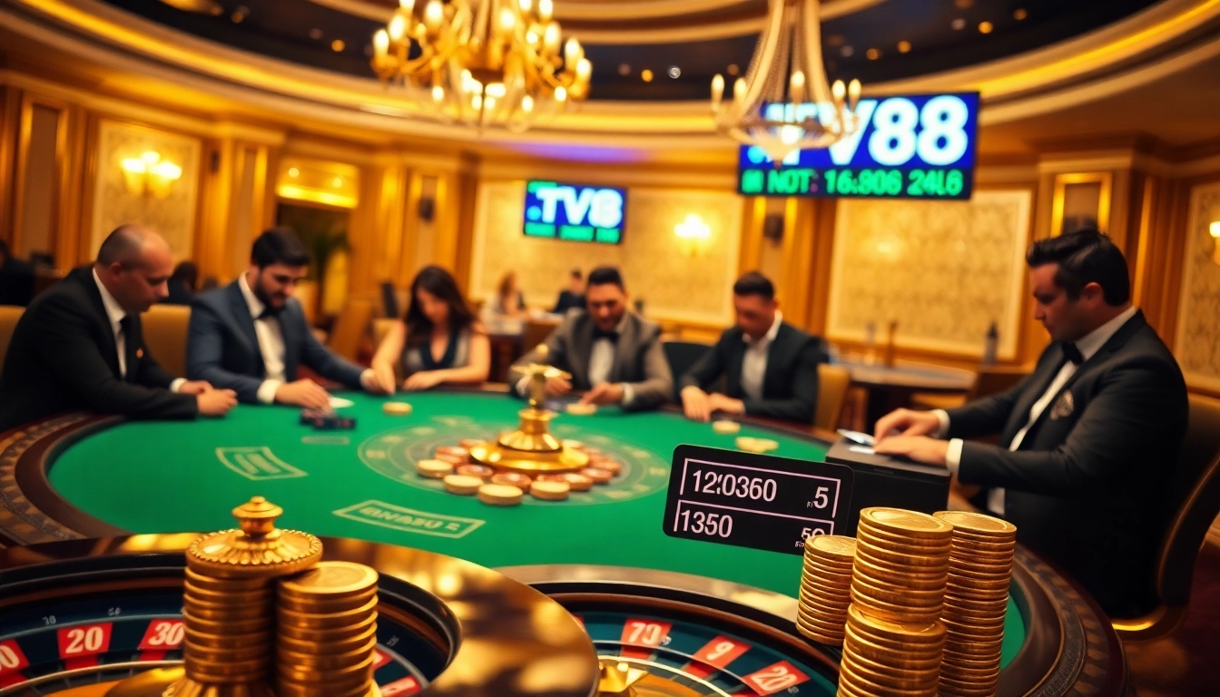 TV88 casino players engage at an elegant table, highlighting thrilling gambling action.