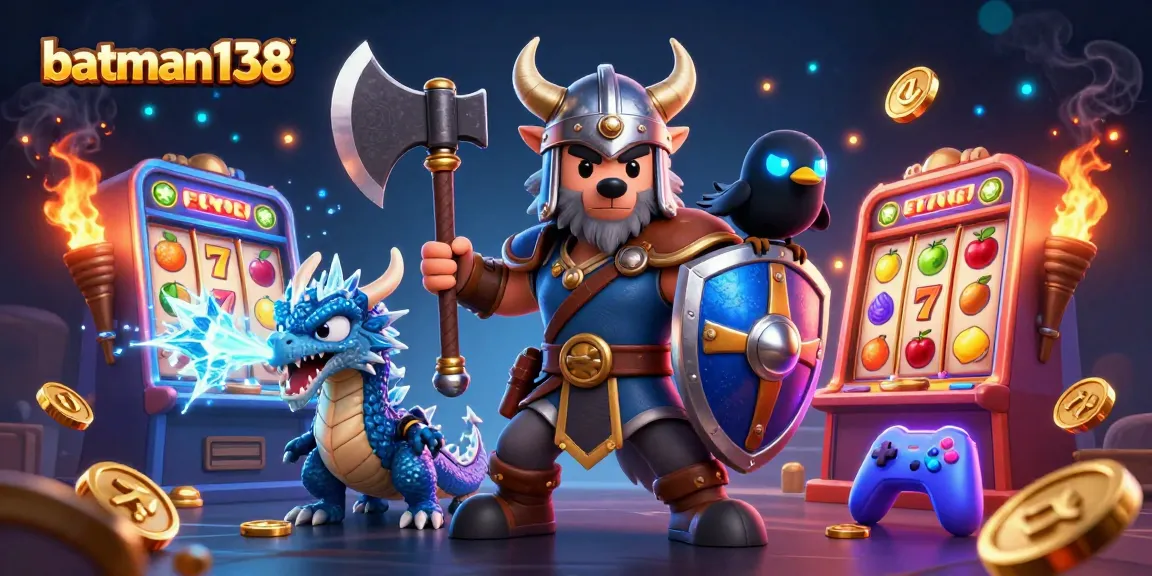 Experience thrilling gameplay with batman138, showcasing a Viking warrior and dragon amidst vibrant slot symbols.