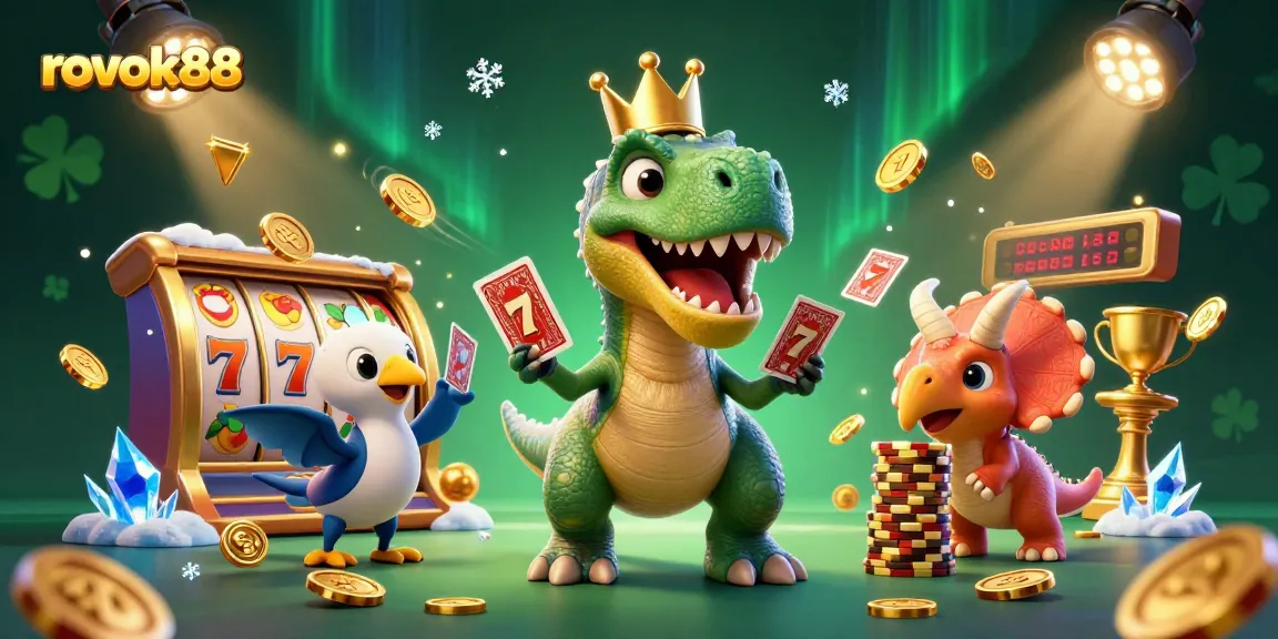 Engage with rokok88's vibrant gaming scene featuring cartoon dinosaurs in animated casino action.