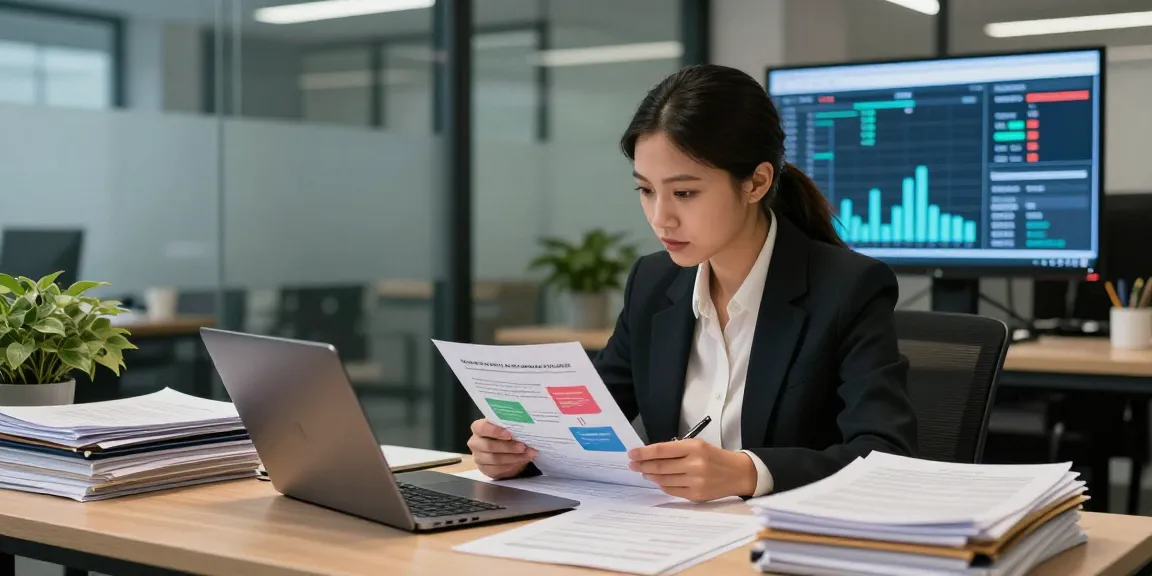Business professional engaged in document fraud detection analysis with key data visuals.