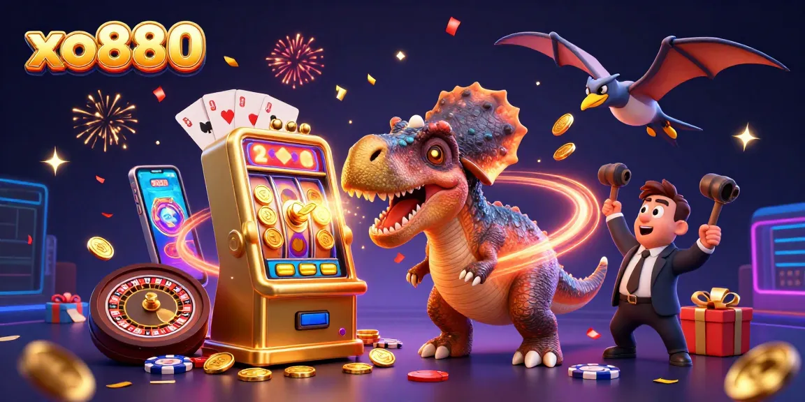 Xo880 offers thrilling jackpot wins as a pachycephalosaurus heads a golden slot machine.