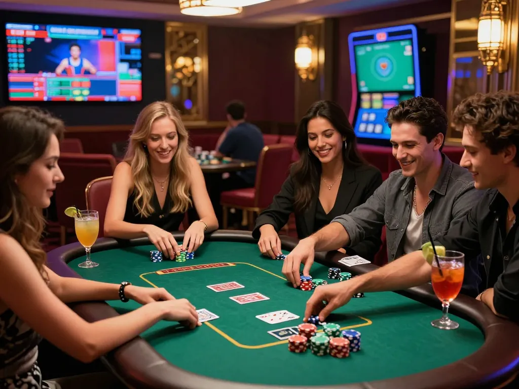 Gaming night at an upscale casino with friends, showcasing excitement and lively atmosphere around https://rikviprent.com.