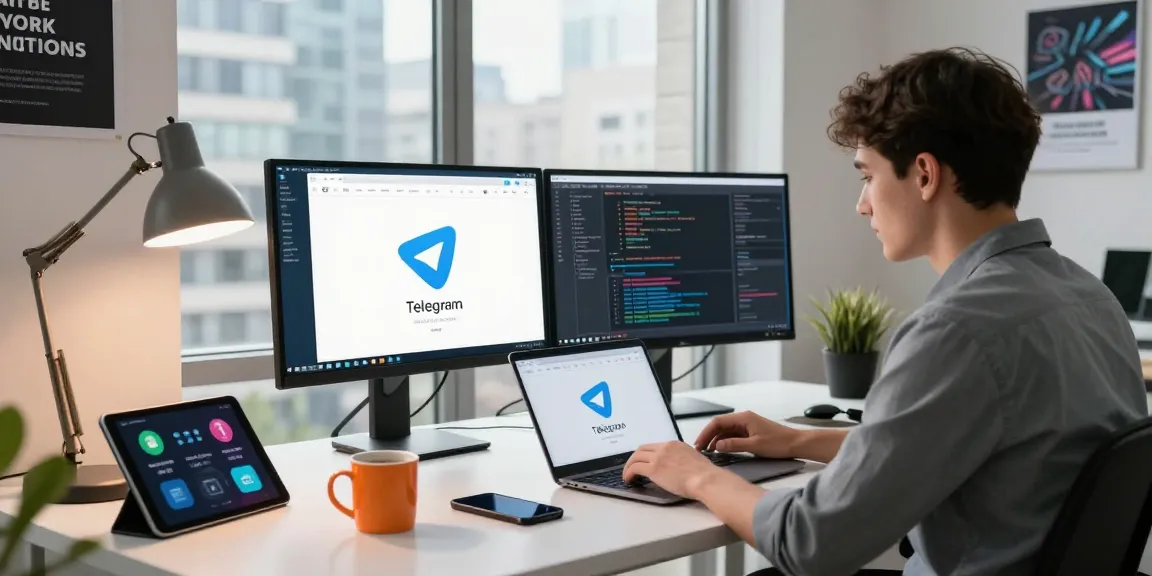 Professional working on Telegram Download in modern tech workspace with city view.