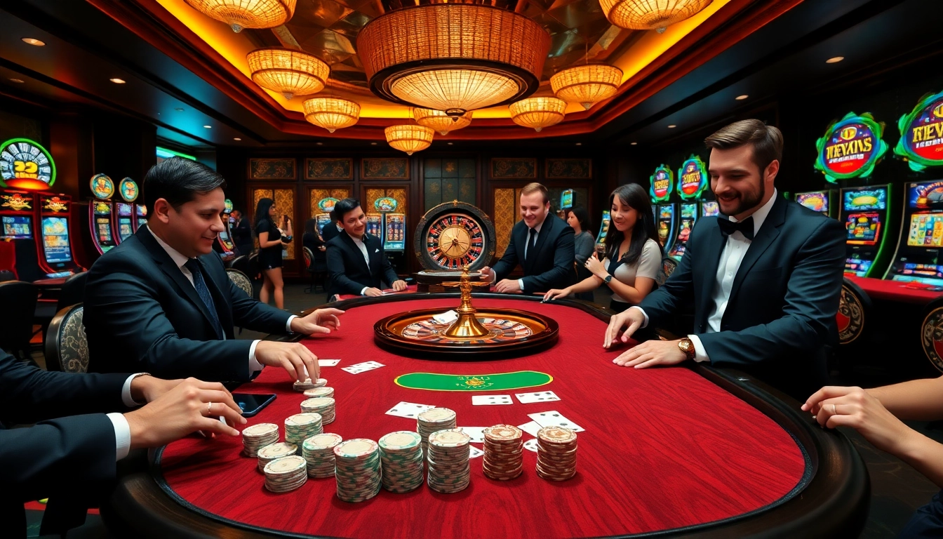 Players engage in high-stakes games at 39BET's luxurious casino, surrounded by vibrant lights and excitement.