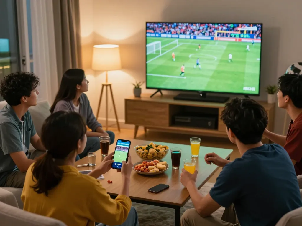 Socolive trực tiếp bóng đá action captured as friends engage while watching a live football match online, creating a lively atmosphere