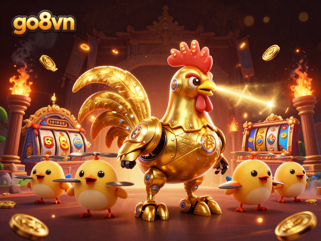 Watch the golden rooster robot engage in dynamic gaming at go8vn with dazzling 3D visuals and exciting betting action.