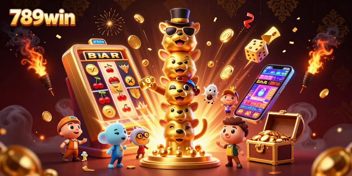 Engage with the thrilling casino experience at 789win with a vibrant 3D illustration featuring dynamic slot games.