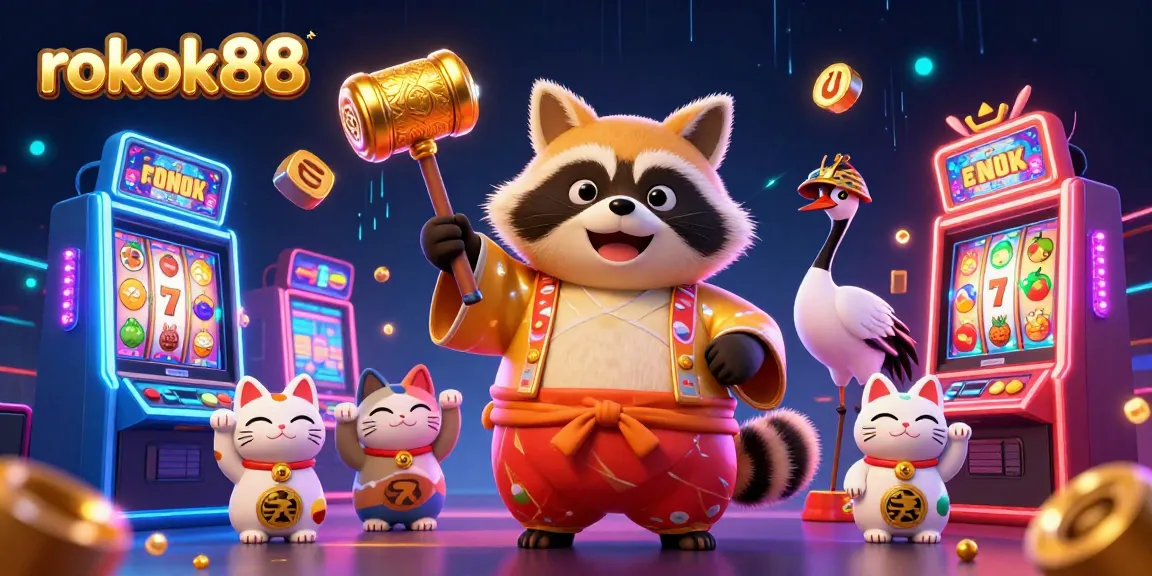 Spin to win at rokok88 with cheerful tanuki and lucky symbols in vibrant casino scene.