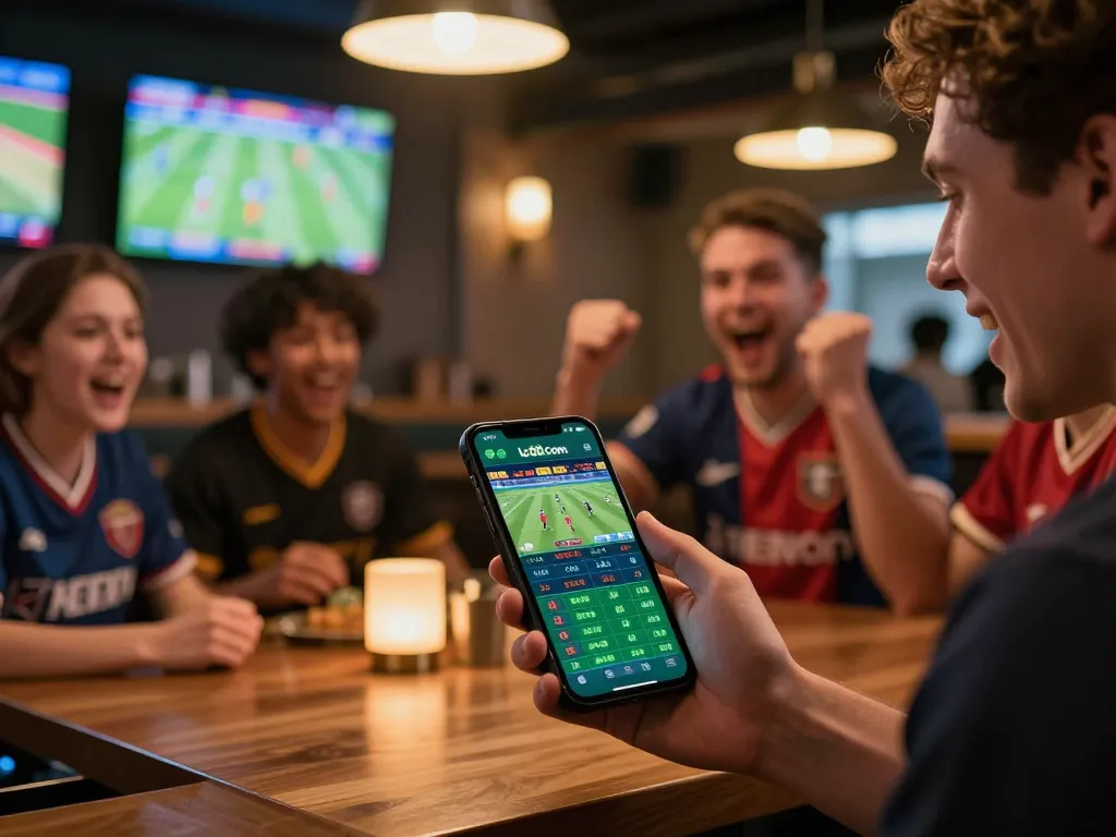 Person engaging in sports betting on lc88 com app at a lively sports bar, showcasing excitement and energy.