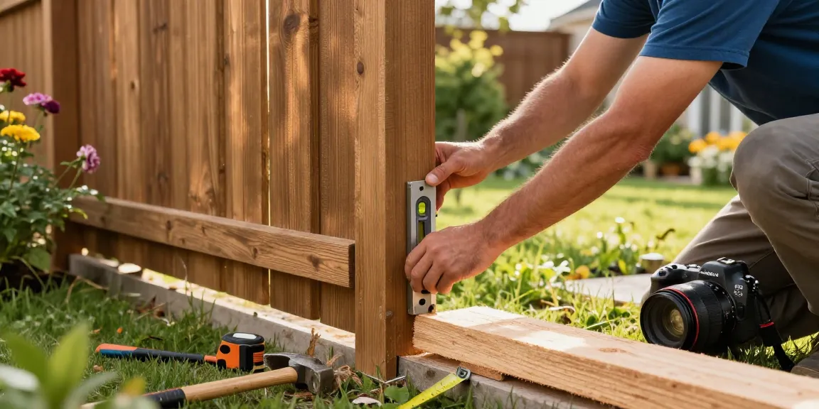 We fix fences and build fences with a skilled tradesman adjusting a wooden fence post in a sunlit garden.