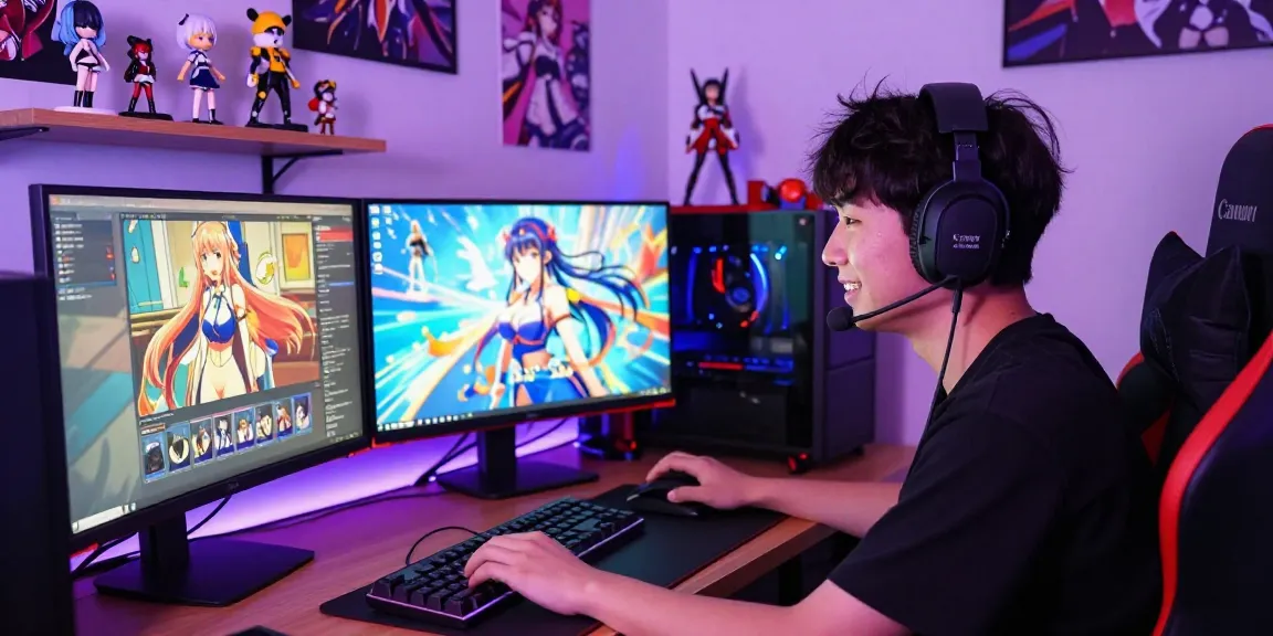 Exciting player enjoying a hentai game on multiple colorful screens in a vibrant gaming setup.