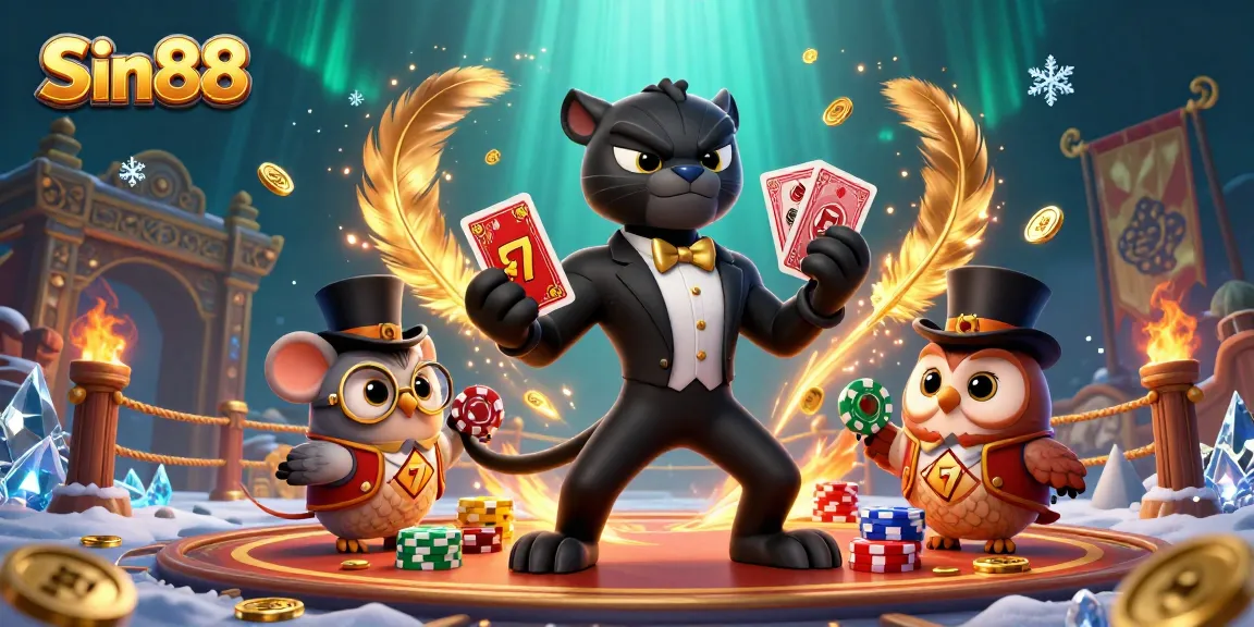 Sin88 showcases a thrilling gambling scene with a panther dealer, owl with chips, and mouse, highlighting vibrant casino elements.