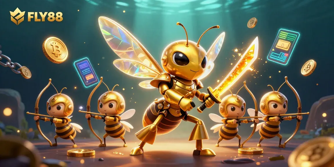 Engage with FLY88 in an exciting online casino adventure featuring vibrant 3D characters and cryptocurrency elements.