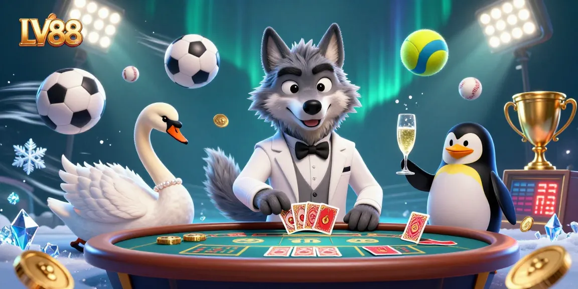 Experience excitement at LV88 with a lively 3D casino scene featuring unique characters and dynamic elements.