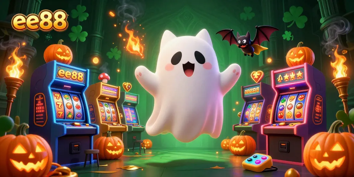 Experience thrilling games at ee88 featuring a friendly ghost cat and vampire bat in a vibrant casino.