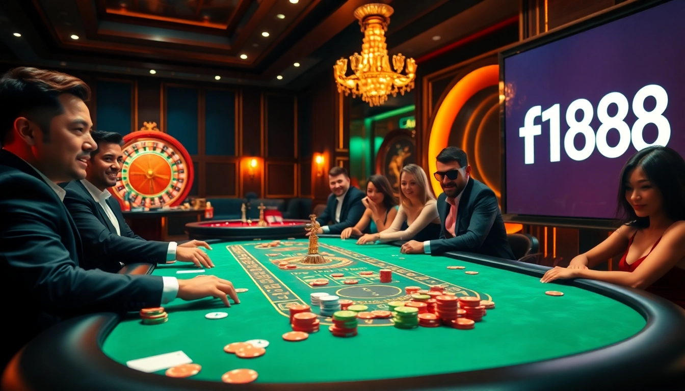 Engaged players enjoying high-stakes poker with f168 branding in a luxurious casino setting.
