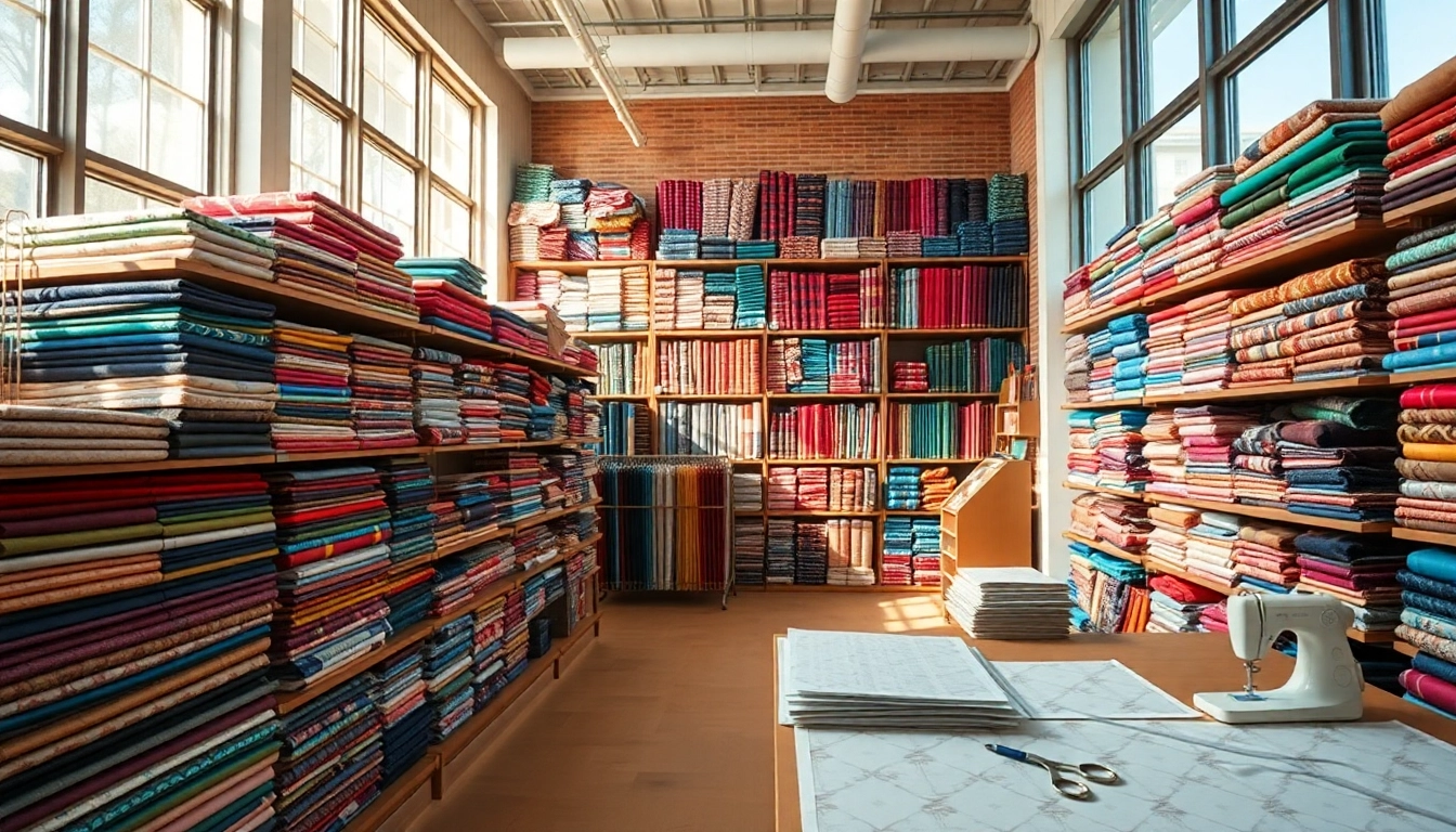 Browse stof kopen per meter in a vibrant fabric store filled with colorful textiles.