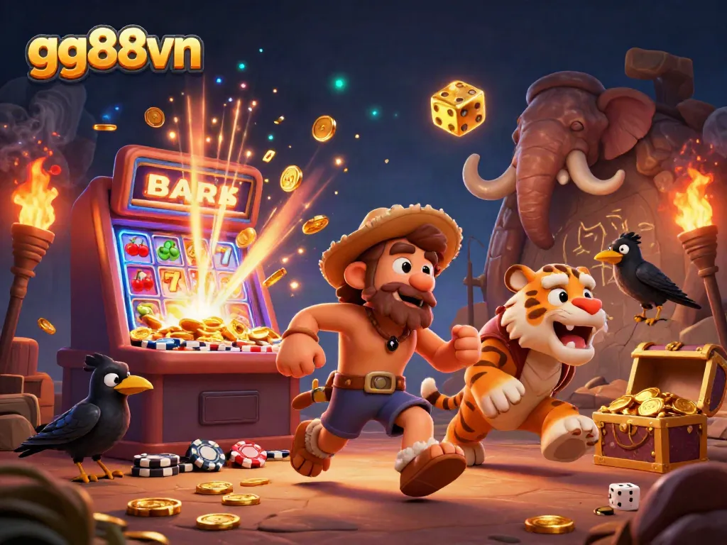 Experience the excitement of gaming at gg88vn with vibrant elements and characters in a prehistoric setting.
