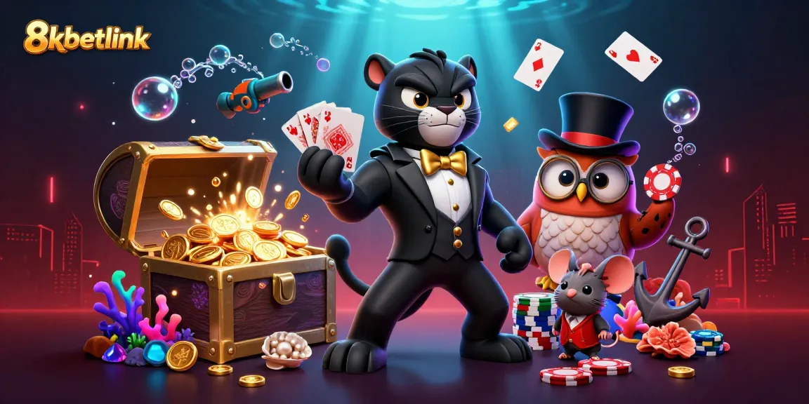 Engage in thrilling casino action with 8xbetlink as the cartoon black panther deals cards in a vibrant scene.