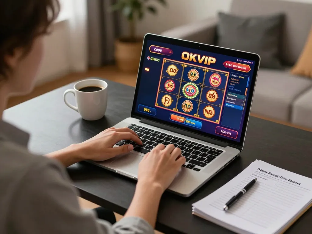 Engaging in CM88 OKVIP online gaming with a laptop at home for slot excitement and strategy planning.