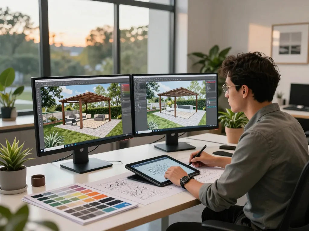 Progettare soluzioni all'aperto con software pergole per aziende in uno studio creativo.