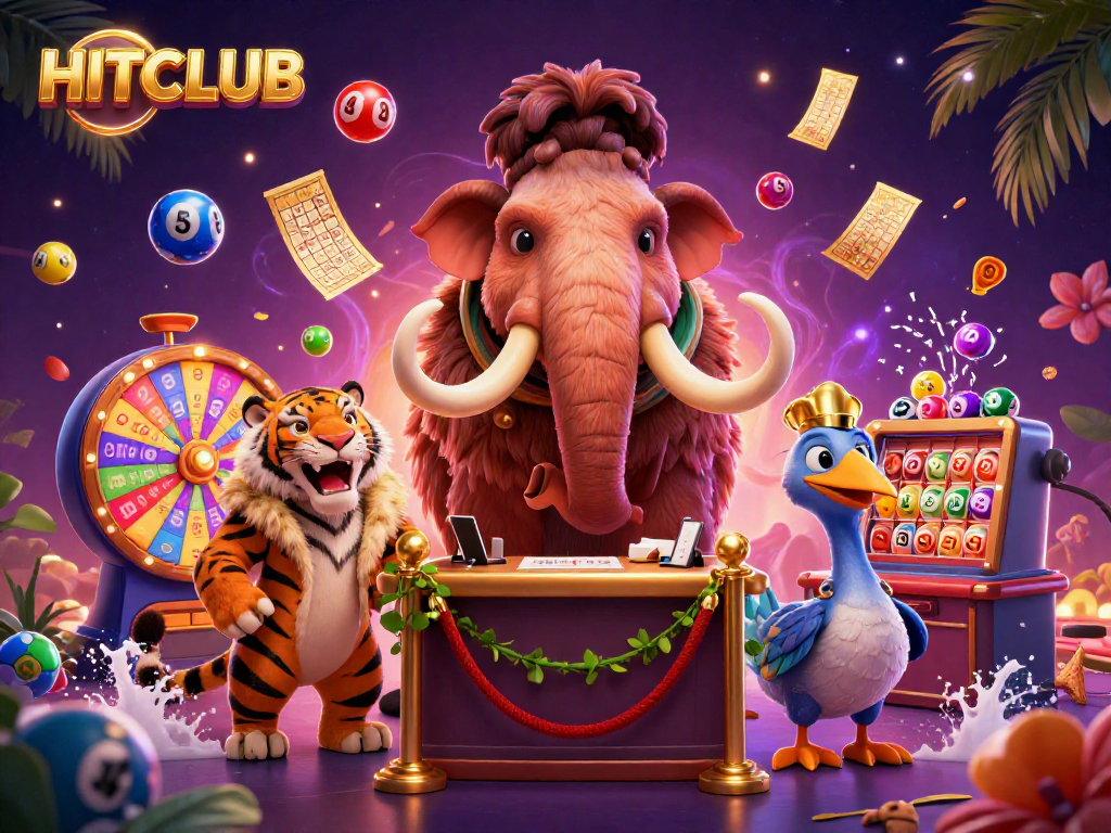 HITCLUB welcomes gamers with a vibrant scene of a mammoth bouncer and tiger VIP against colorful gambling elements.