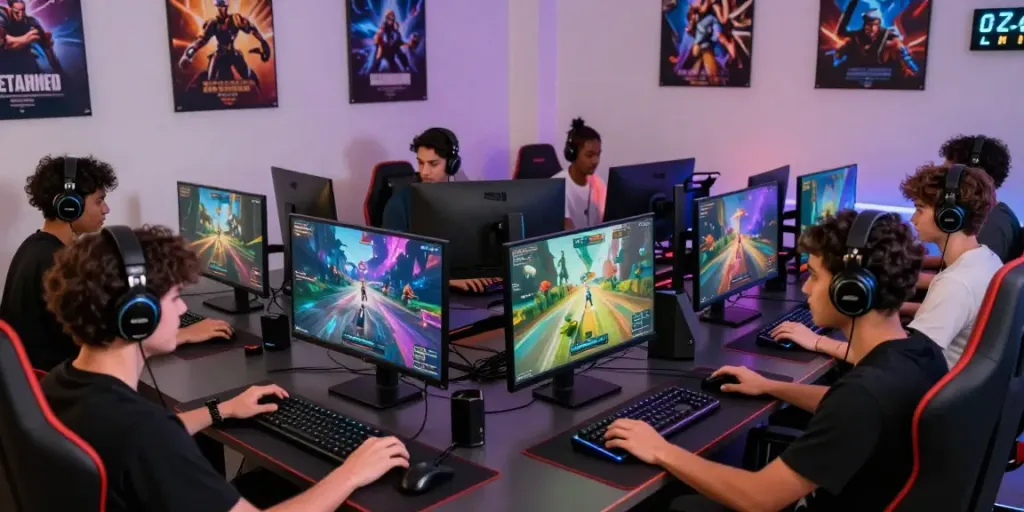 Engaged gamers in a lively gaming environment for the rokok88 blog, showcasing immersive gameplay and diverse culture.