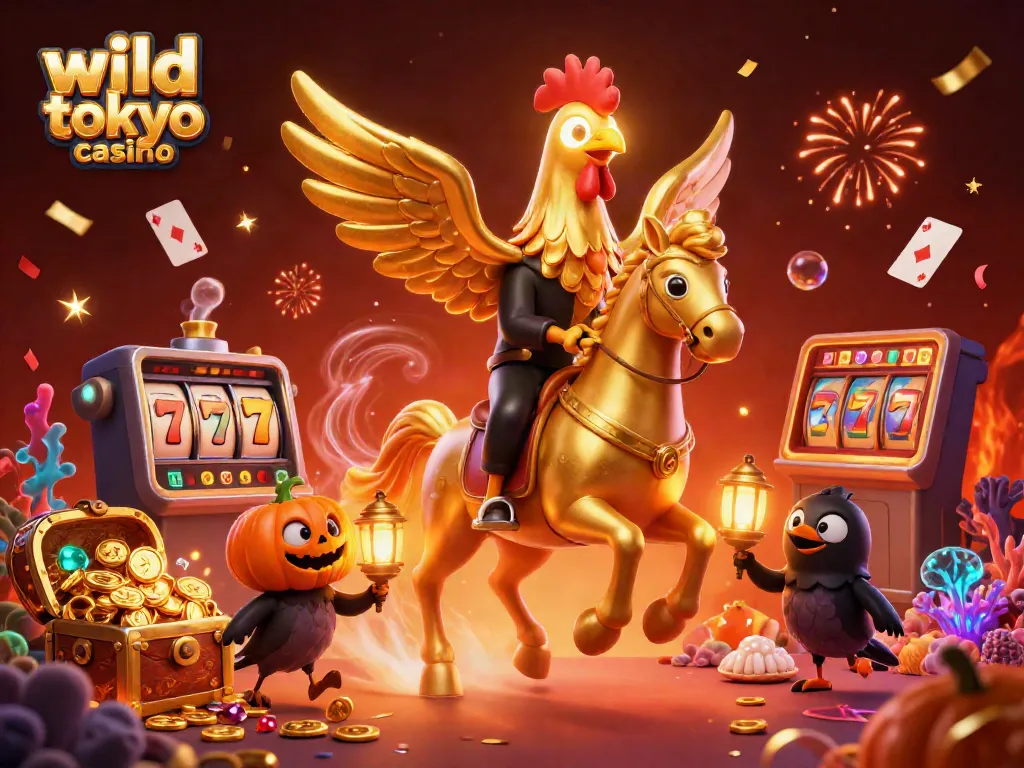 Experience the thrill of wild tokyo casino in a 3D vibrant adventure with golden rooster and colorful gaming elements.