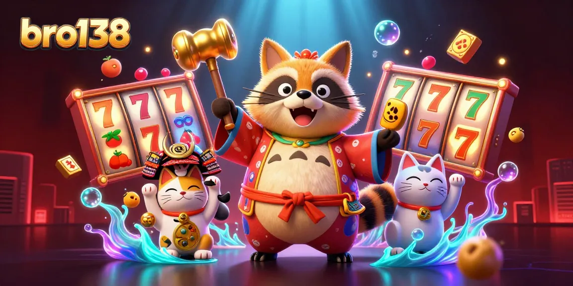 Spin and win with bro138: Cheerful tanuki and lucky symbols illuminate the casino scene
