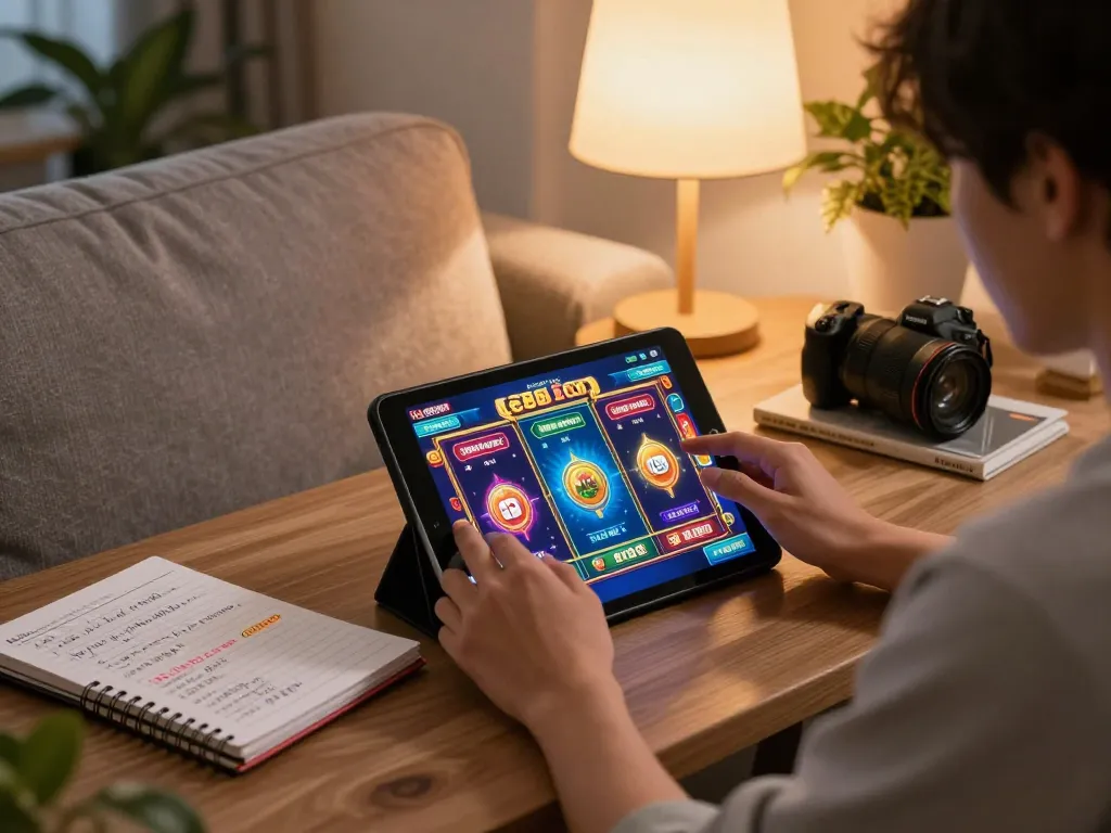 Engaged player enjoying online slots at lc88 com in a cozy home setting, surrounded by strategic notes.