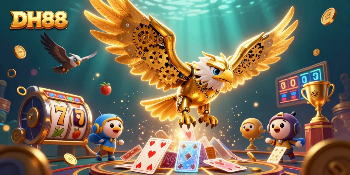 Experience thrilling jackpots at DH88 with a spectacular cybernetic eagle soaring through vibrant casino games.