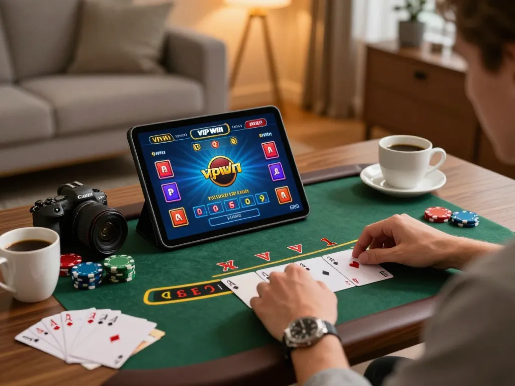Engaging in a game on vipwin casino while enjoying a cozy home atmosphere.