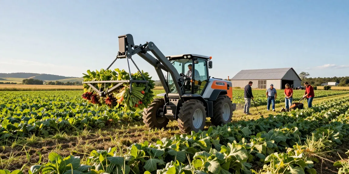 Electric farm loader operating in a lush field, showcasing modern agricultural efficiency.