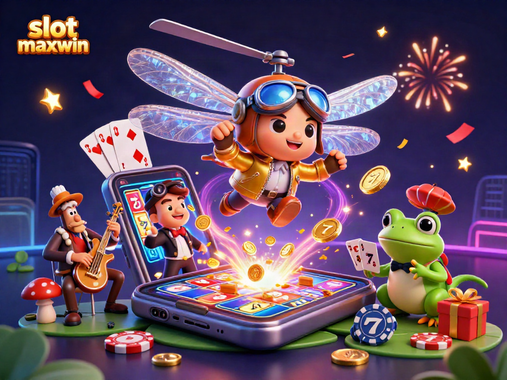 Experience the excitement of slot maxwin with a vibrant casino scene featuring colorful slot games and animated characters.