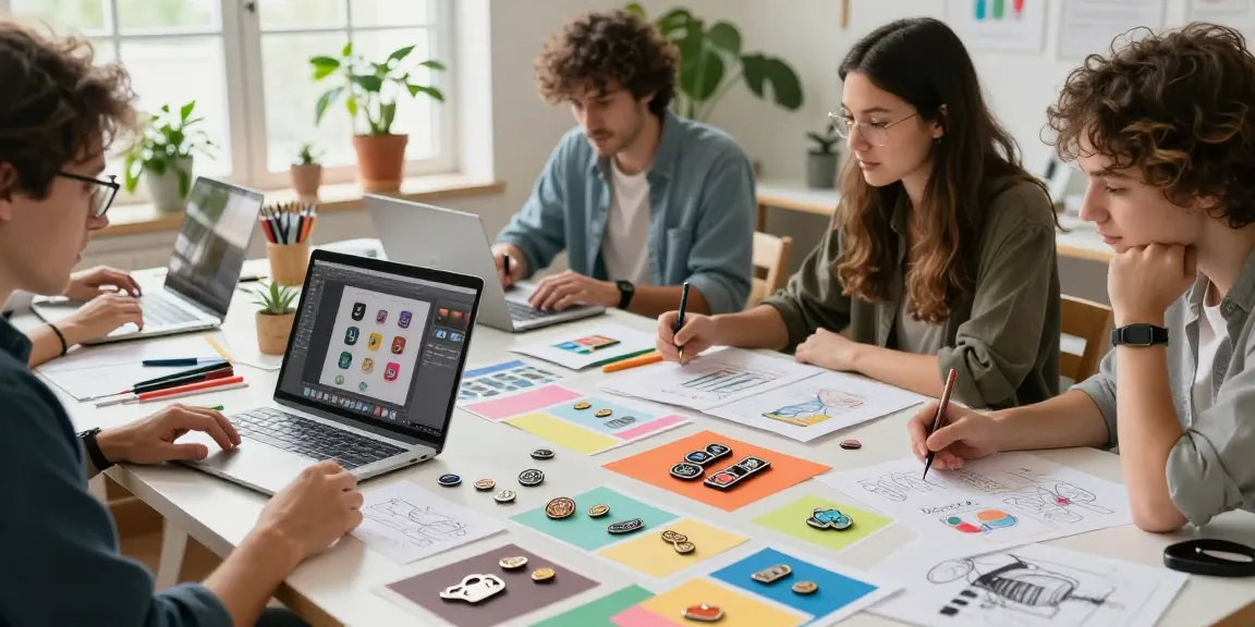 Designer brainstorming custom pins in a vibrant studio atmosphere.
