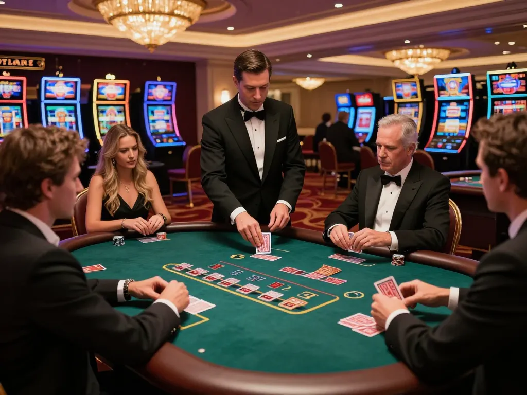 Players strategizing at a blackjack table in a Vegas casino, highlighting the excitement of DA88 gaming experience.