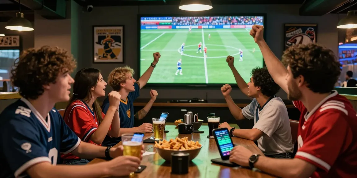 Energetic scene of sports fans analyzing kèo nhà cái while enjoying a live football match.