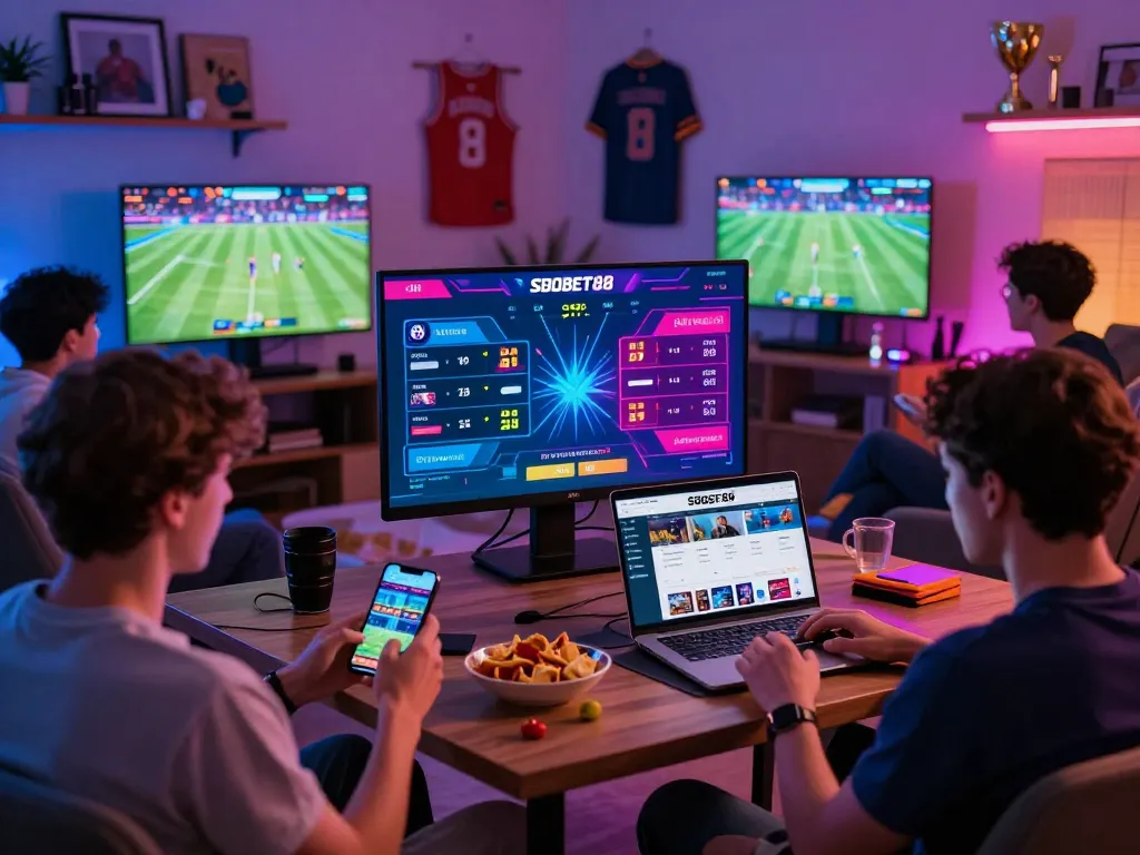 Exciting online gambling atmosphere with friends using SBOBET88 for live sports betting and engagement.