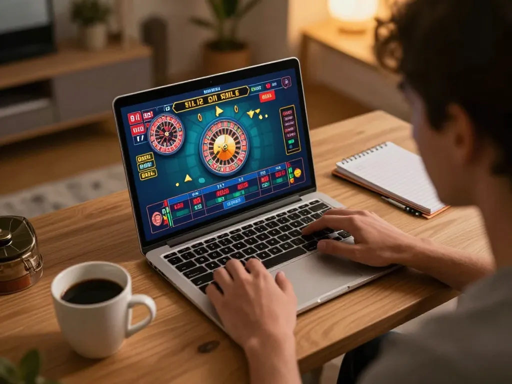 Player enjoying live roulette on F168bet at home, showcasing personal strategy notes and warm ambiance.