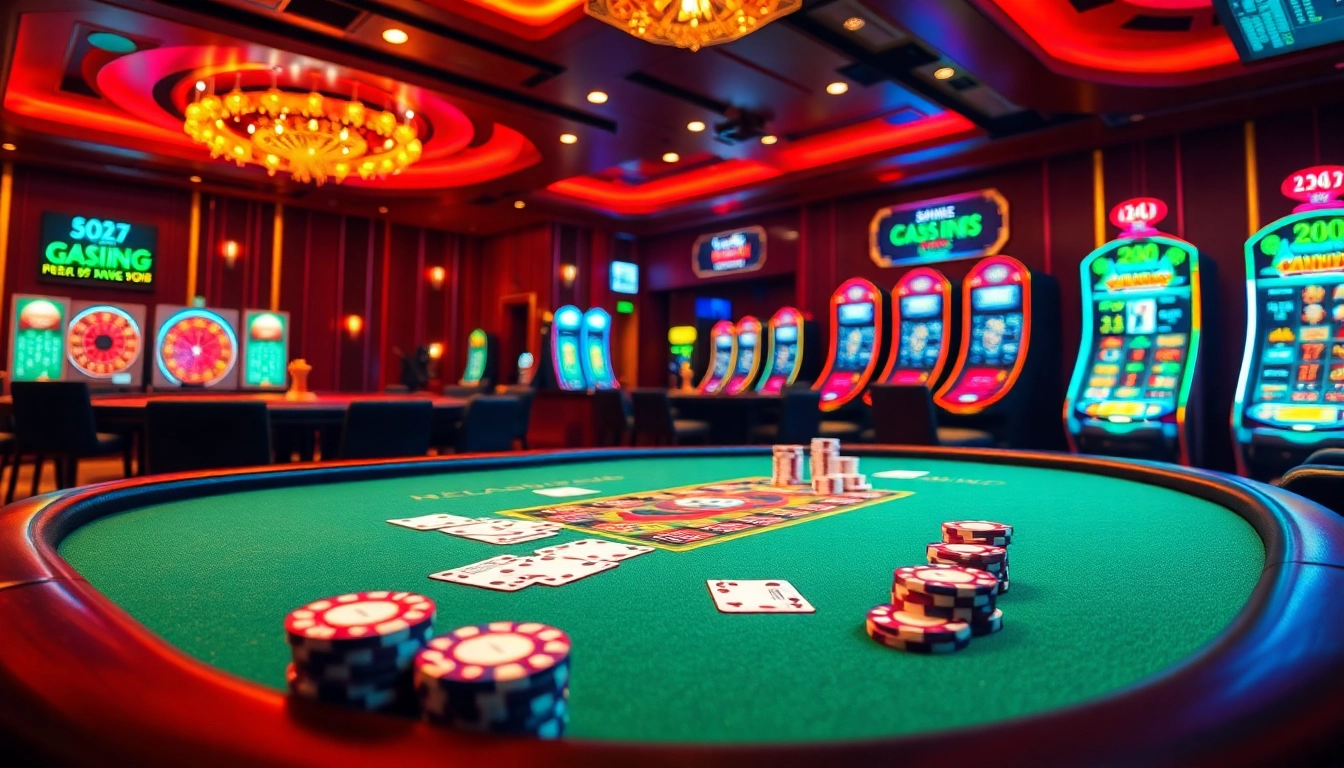 Experience the excitement of free credit mega888 at a vibrant casino with poker tables, roulette wheels, and slot machines.