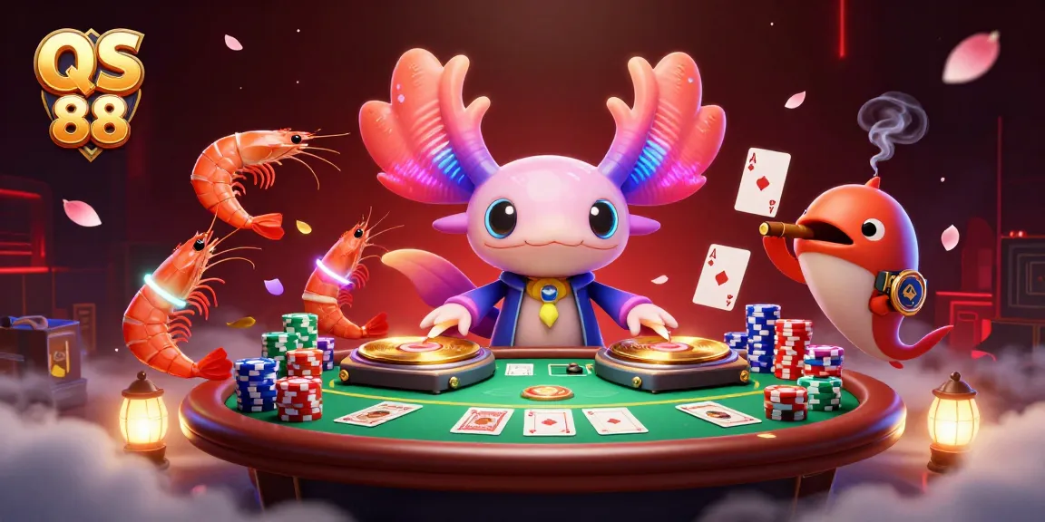 Experience the vibrant world of QS 88 as you join the neon axolotl DJ spinning at a lively poker game.