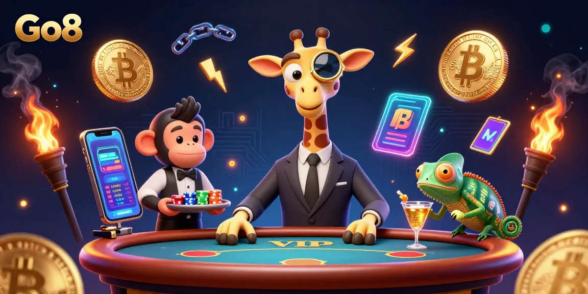 Go8 offers thrilling gaming experiences with a charming giraffe and a dynamic casino scene.