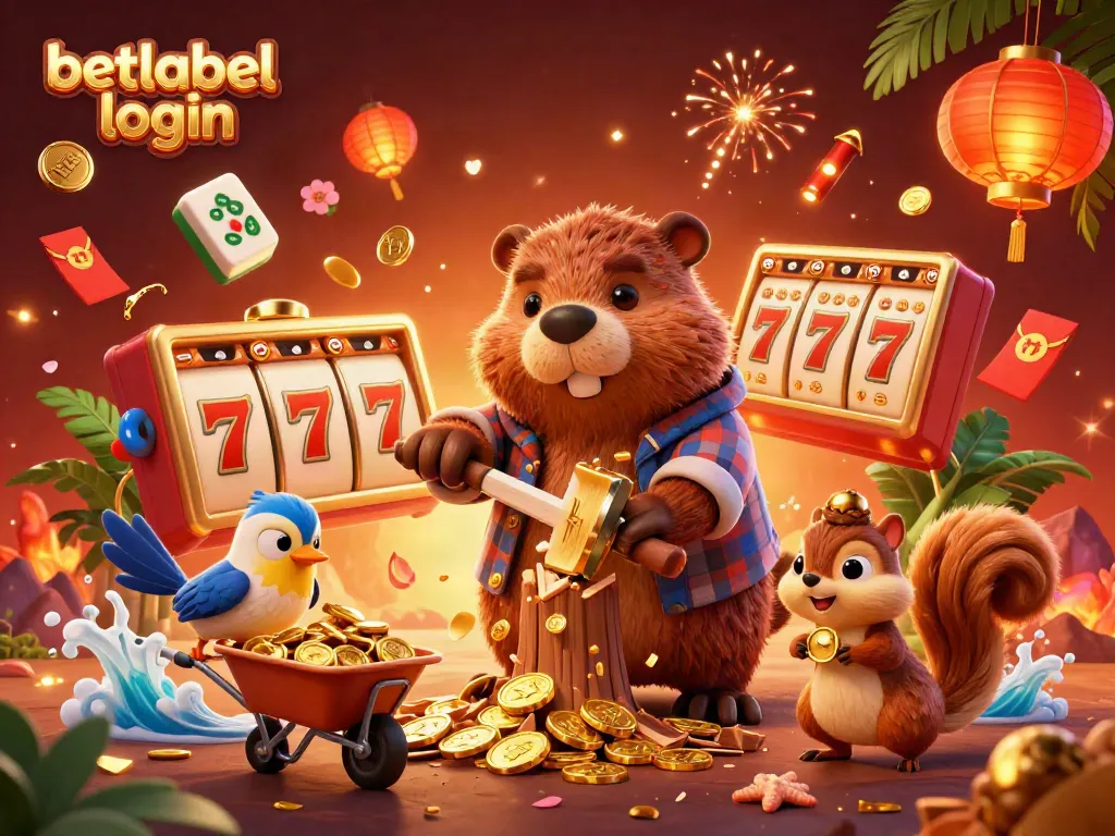 Experience the excitement of betlabel login with a vibrant casino scene showcasing lucky symbols and characters collecting coins.
