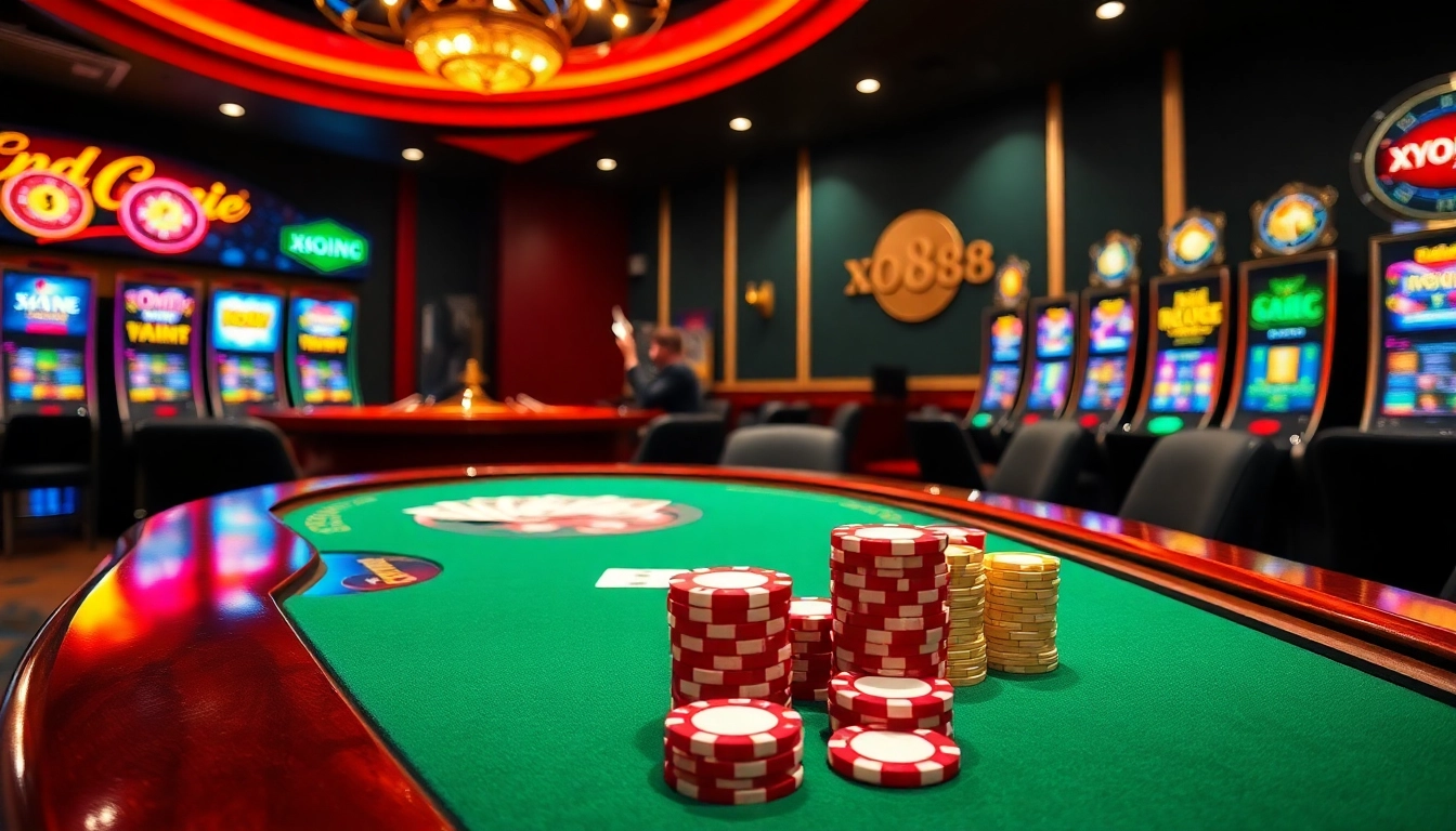 Exciting gaming moment at xo88 with vibrant poker chips and captivating slot machines.